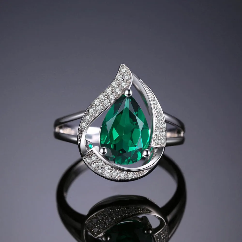 Elegant Pear Shape Emerald Ring - 925 Sterling Silver