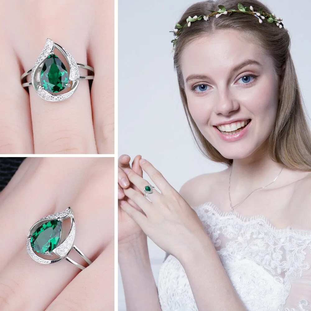 Elegant Pear Shape Emerald Ring - 925 Sterling Silver