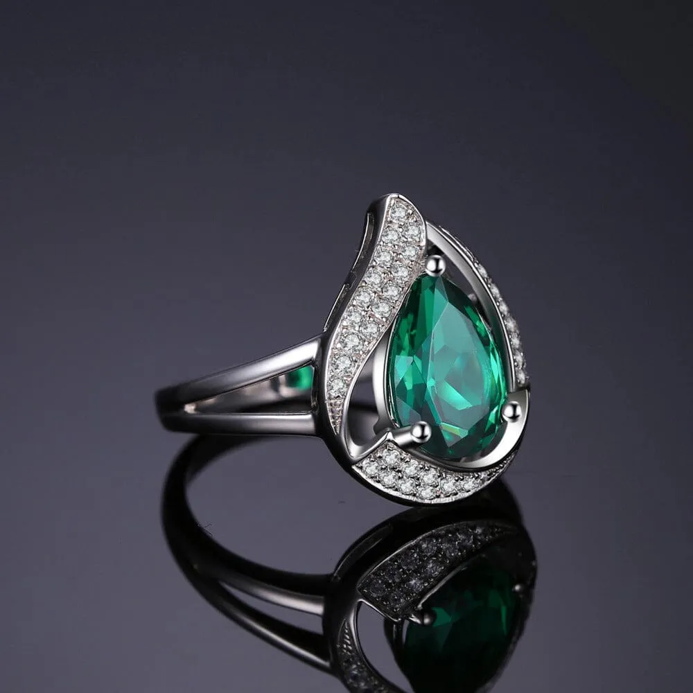 Elegant Pear Shape Emerald Ring - 925 Sterling Silver