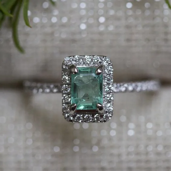 Emerald Engagement Ring - Platinum Teal Diamond Emerald Ring - Petite Engagement Ring Size 4.5 - Antique Inspired Jewelry by Anueva Jewelry