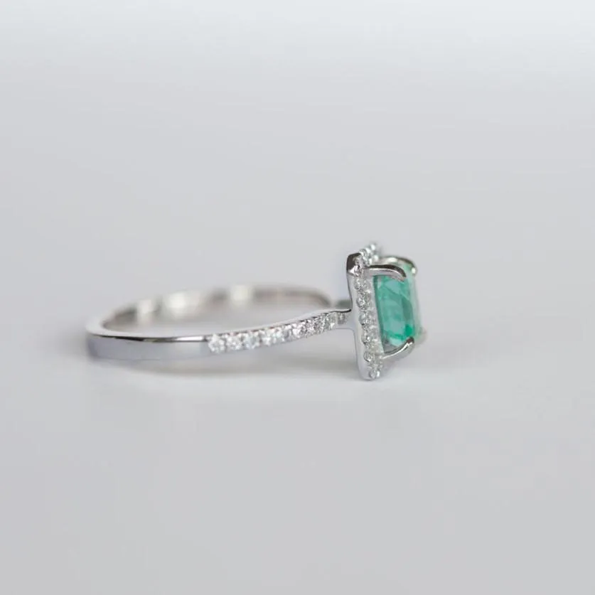 Emerald Engagement Ring - Platinum Teal Diamond Emerald Ring - Petite Engagement Ring Size 4.5 - Antique Inspired Jewelry by Anueva Jewelry