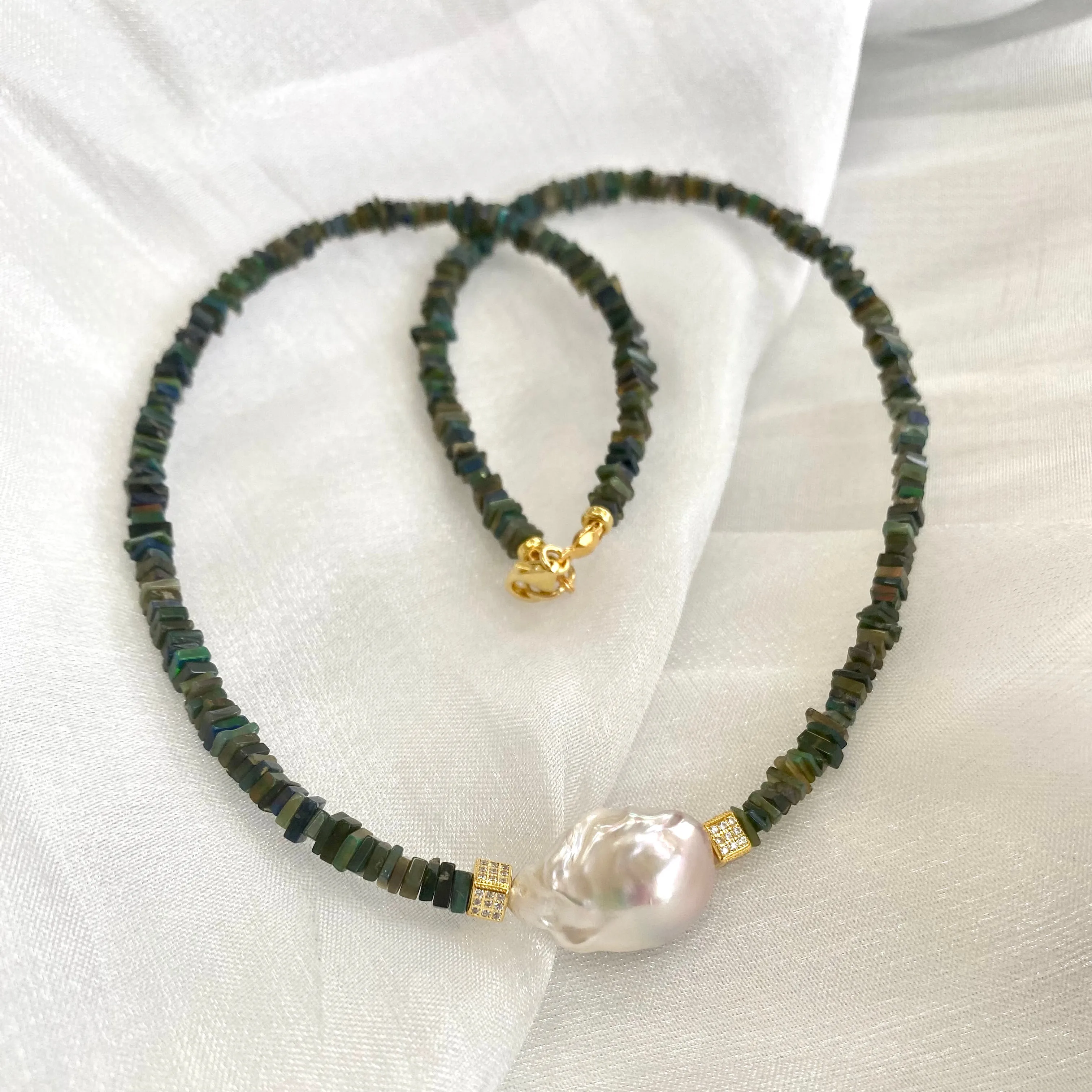 Ethiopian Black Opal and Baroque Pearl Necklace, Gold Vermeil Details, 17Inches