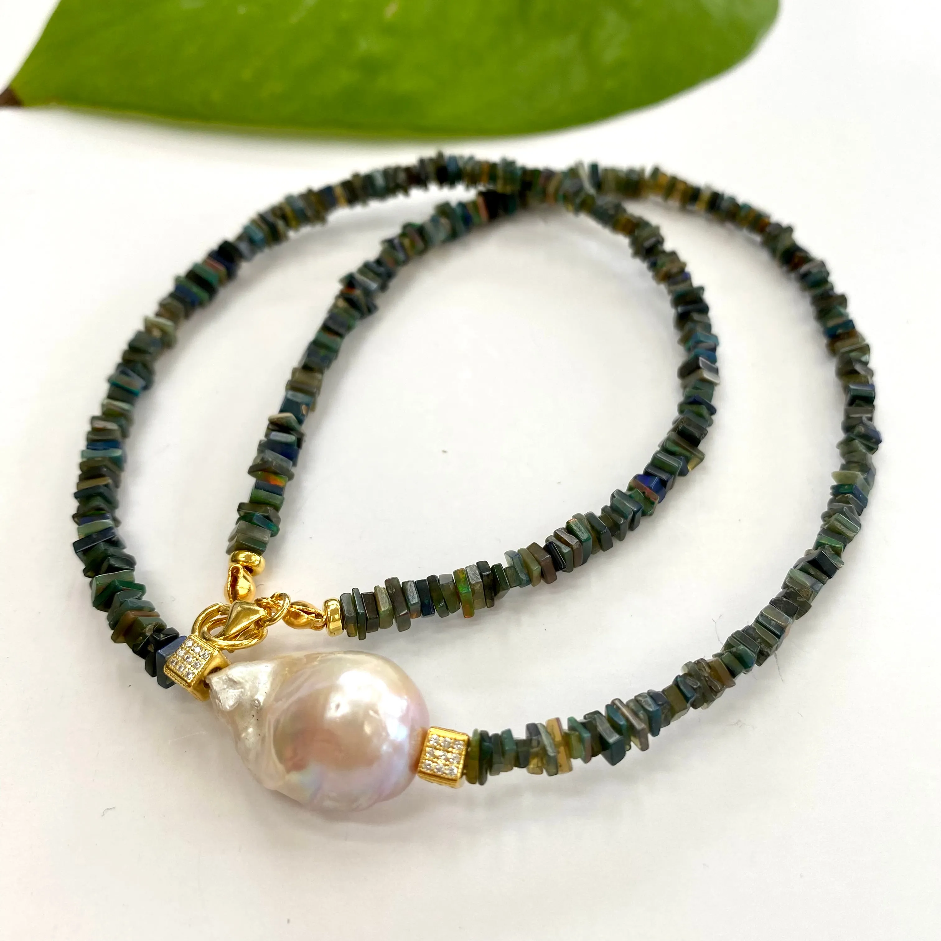 Ethiopian Black Opal and Baroque Pearl Necklace, Gold Vermeil Details, 17Inches