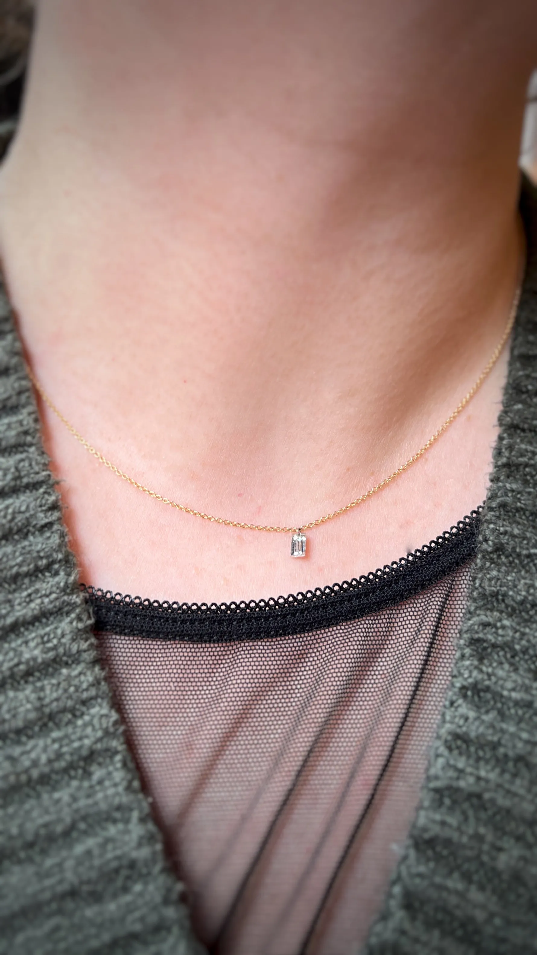 Floating Diamond Necklace, Single Baguette