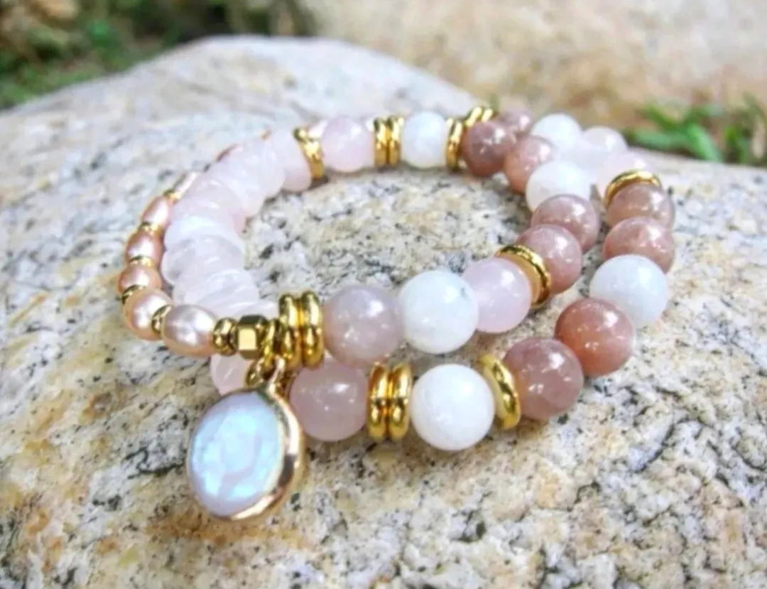 Full Moon Bracelet in Sunstone, Moonstone, Rose Quartz and Freshwater Pearls