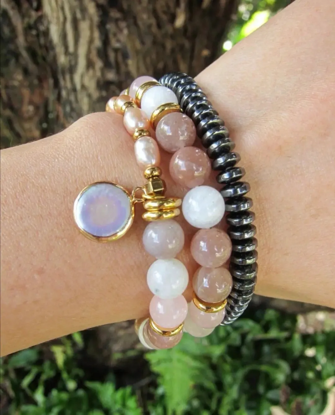 Full Moon Bracelet in Sunstone, Moonstone, Rose Quartz and Freshwater Pearls