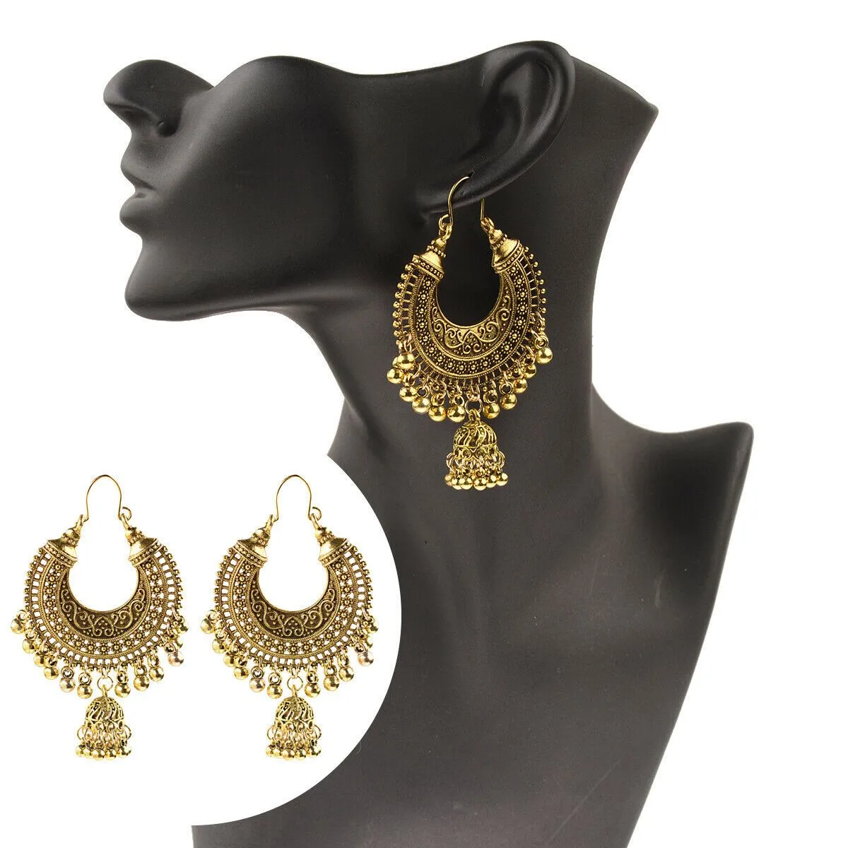 Gold Gypsy Hoop Earrings India Jhumka Belly Dancer Hoops Jingle Bell Long Chandelier