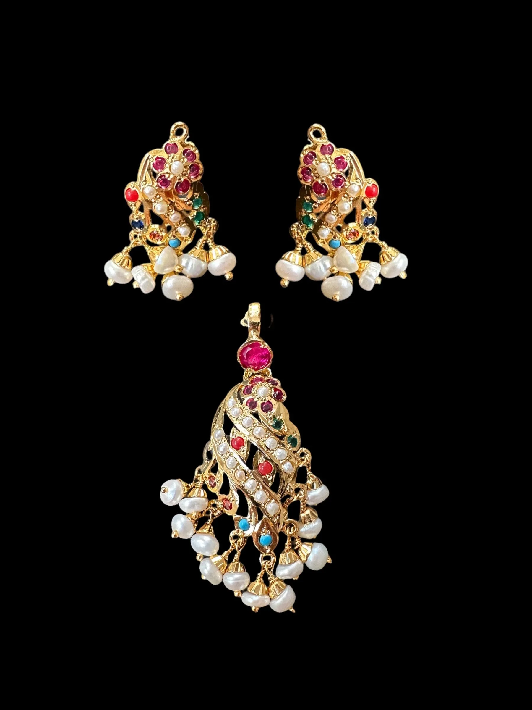 Gold plated jadau silver pendant set in navratan   ( READY TO SHIP )