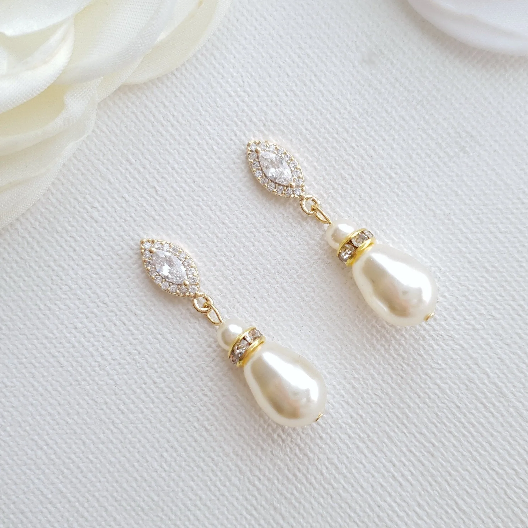 Gold Teardrop Pearl Earrings for Weddings- Ella