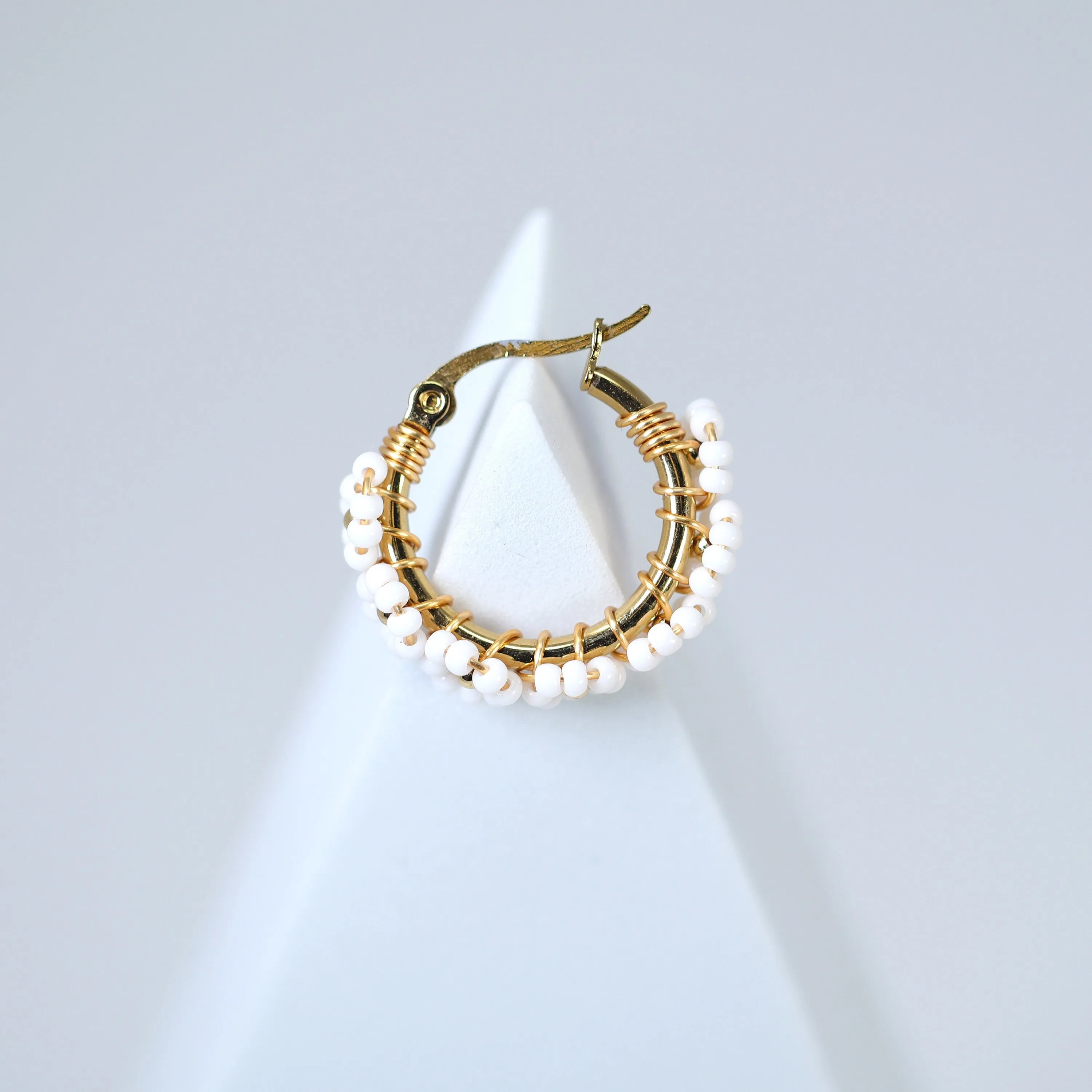 Gold White Beaded Hoop Earrings, Bridal Earrings, Wedding Guest Earrings, Statement Earrings.