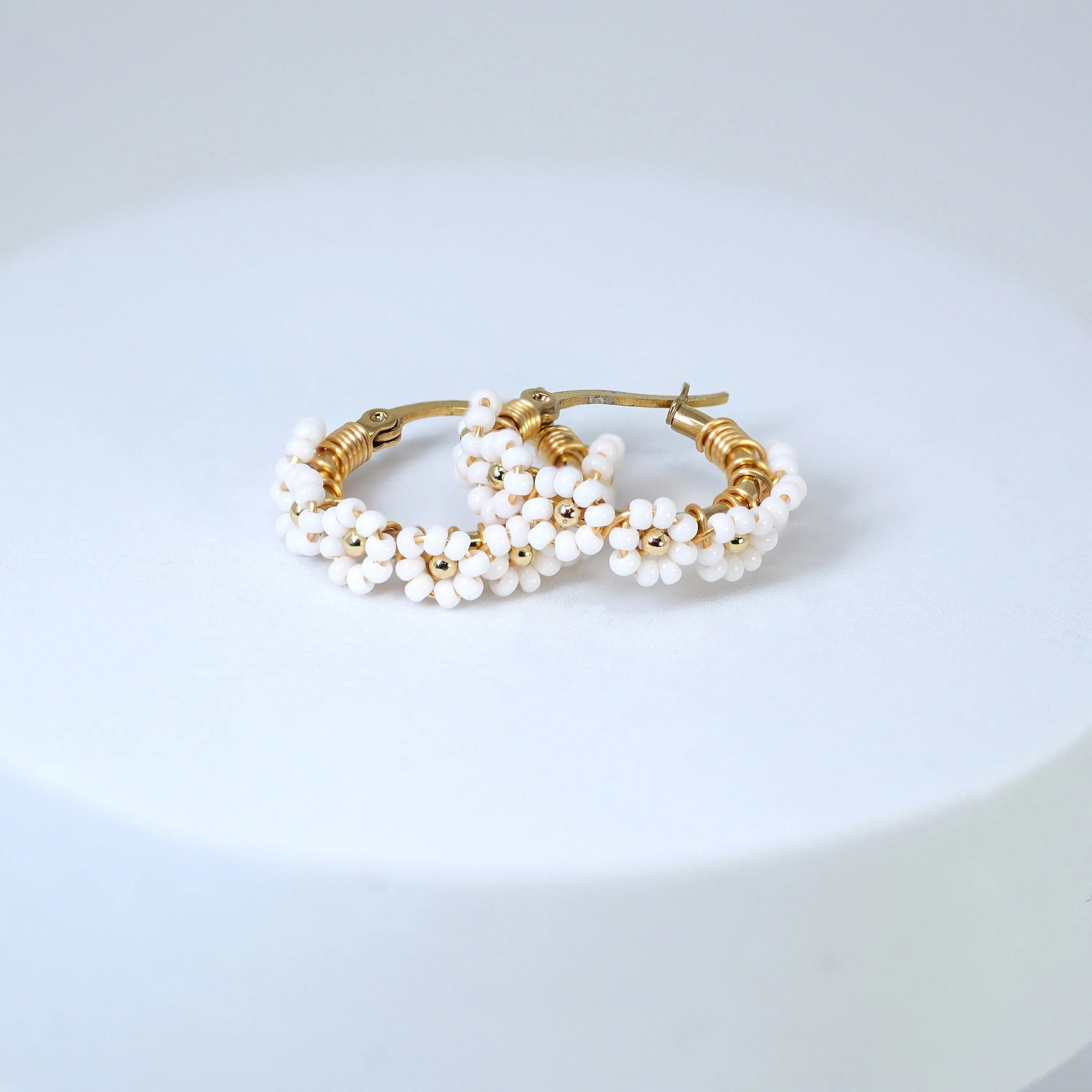 Gold White Beaded Hoop Earrings, Bridal Earrings, Wedding Guest Earrings, Statement Earrings.