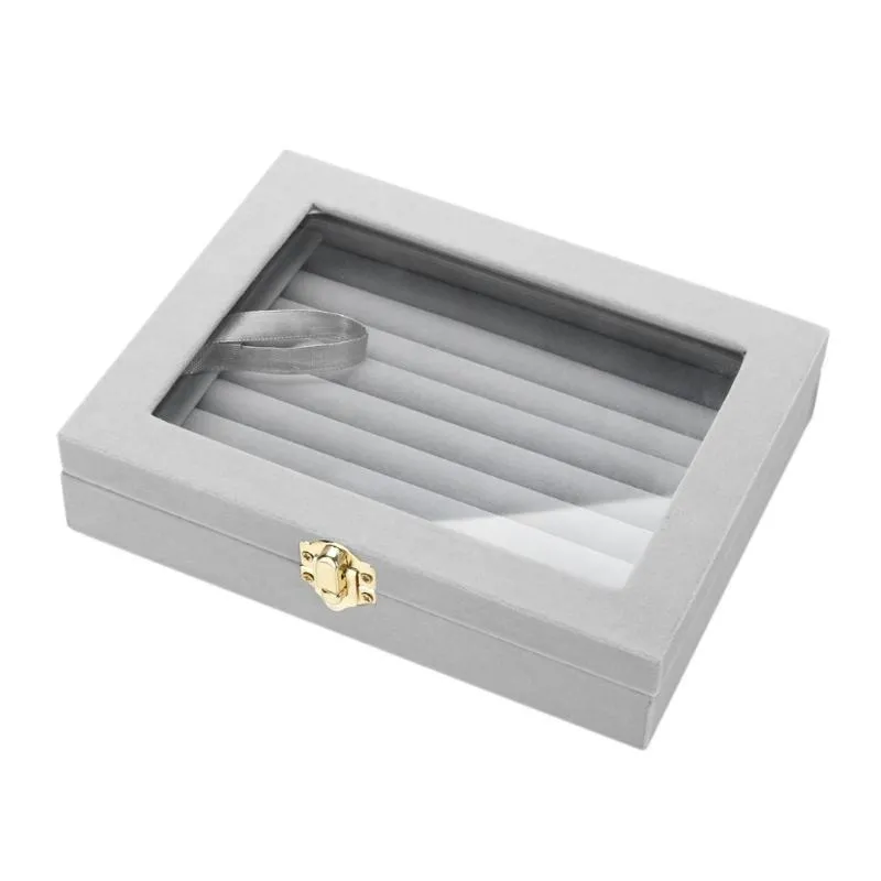 Gray Velvet Jewelry Storage Box with Glass Display