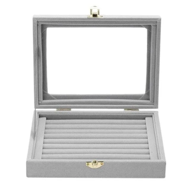 Gray Velvet Jewelry Storage Box with Glass Display