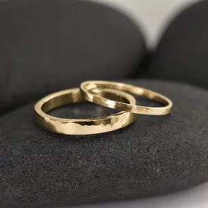 Hammered 14K Gold Wedding Band Set