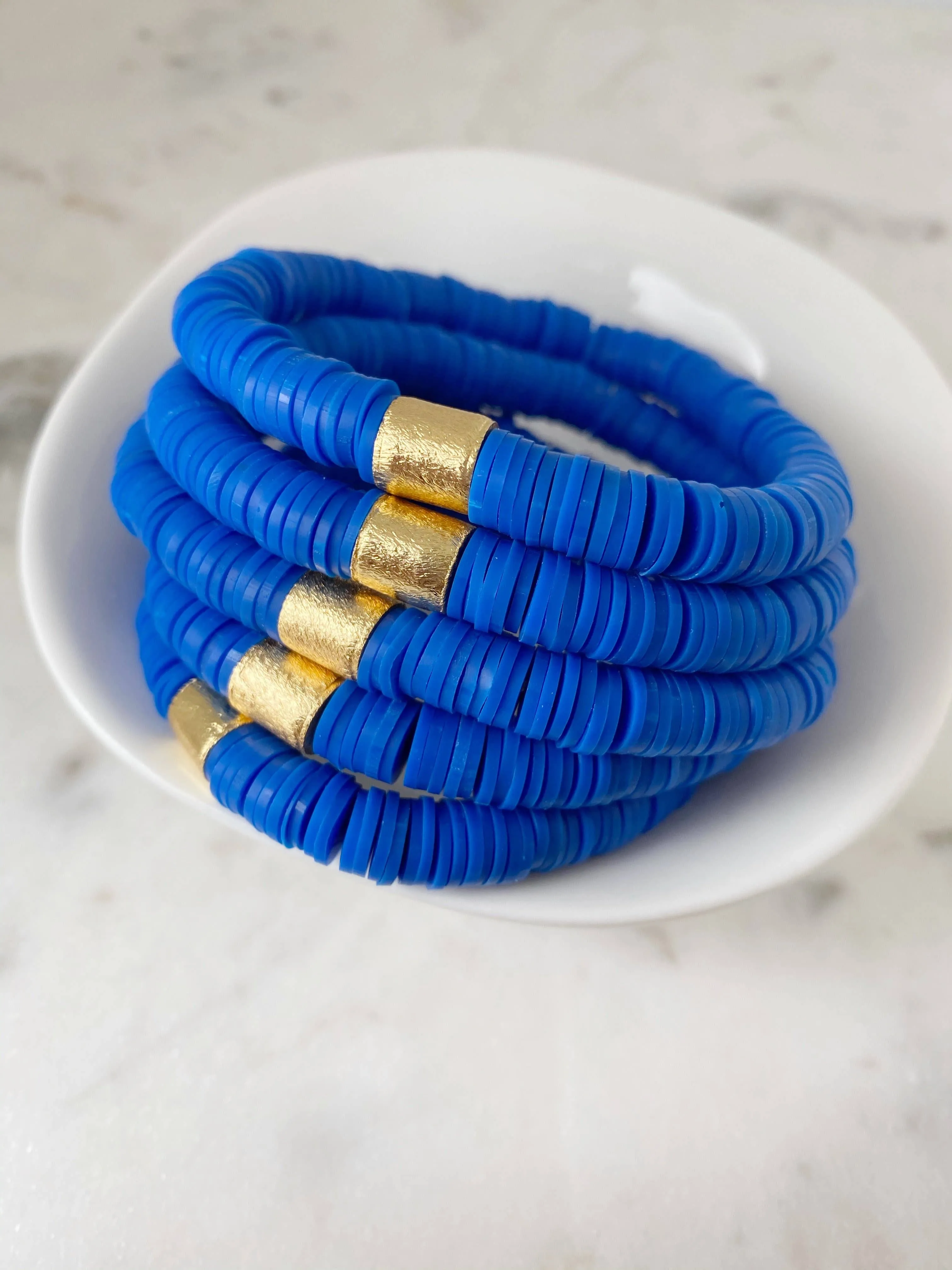 Heishi Color Pop Bracelet in Royal Blue with Gold Barrel