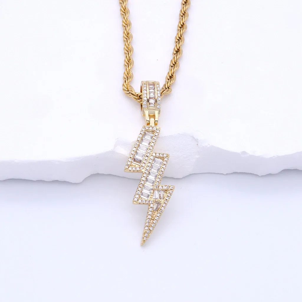 Iced Out Lightning Bolt Pendant - Gold