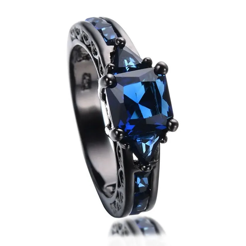 Jewelry Blue Sapphire White Diamond Black Gold Engagement Wedding Women's Ring