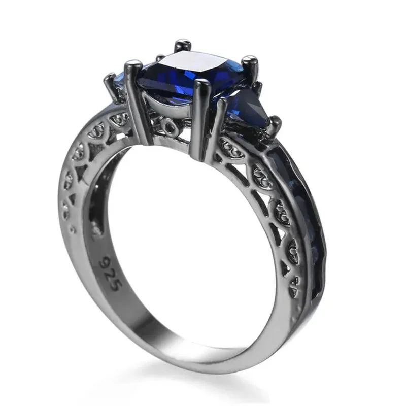 Jewelry Blue Sapphire White Diamond Black Gold Engagement Wedding Women's Ring