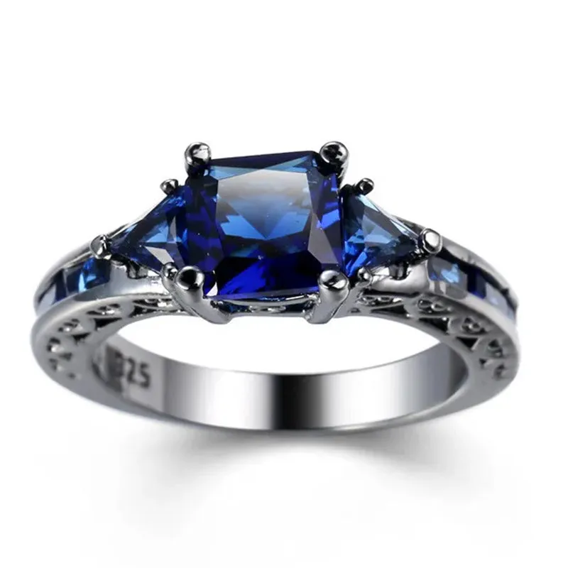 Jewelry Blue Sapphire White Diamond Black Gold Engagement Wedding Women's Ring