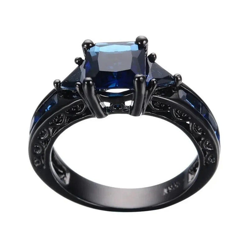 Jewelry Blue Sapphire White Diamond Black Gold Engagement Wedding Women's Ring