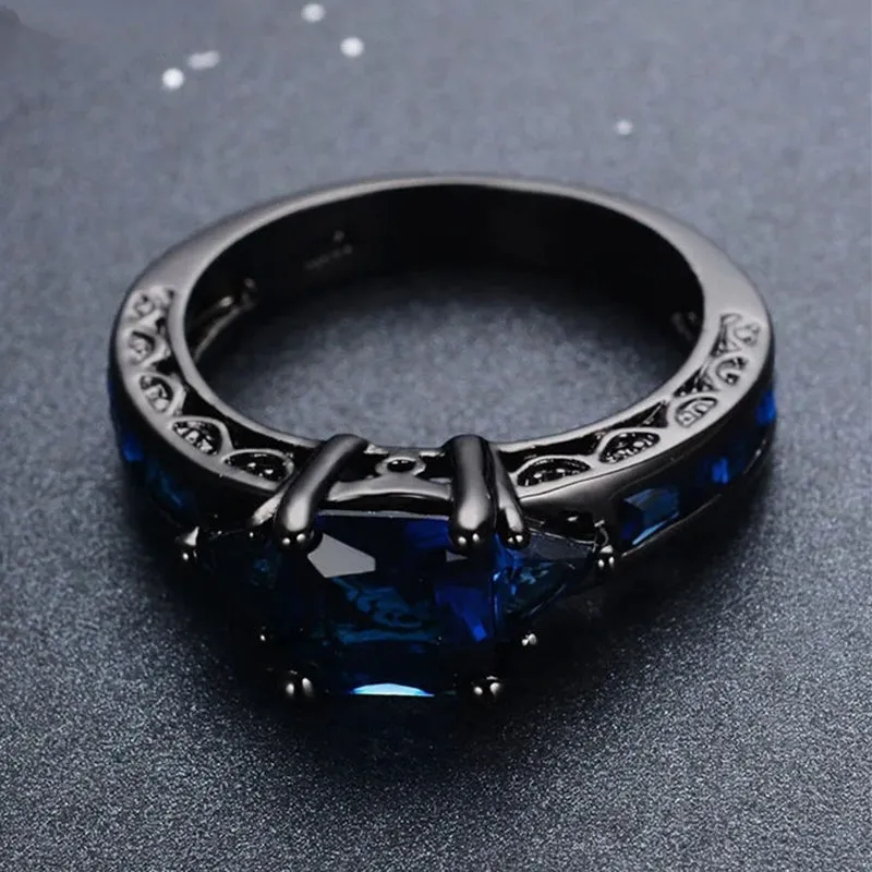 Jewelry Blue Sapphire White Diamond Black Gold Engagement Wedding Women's Ring