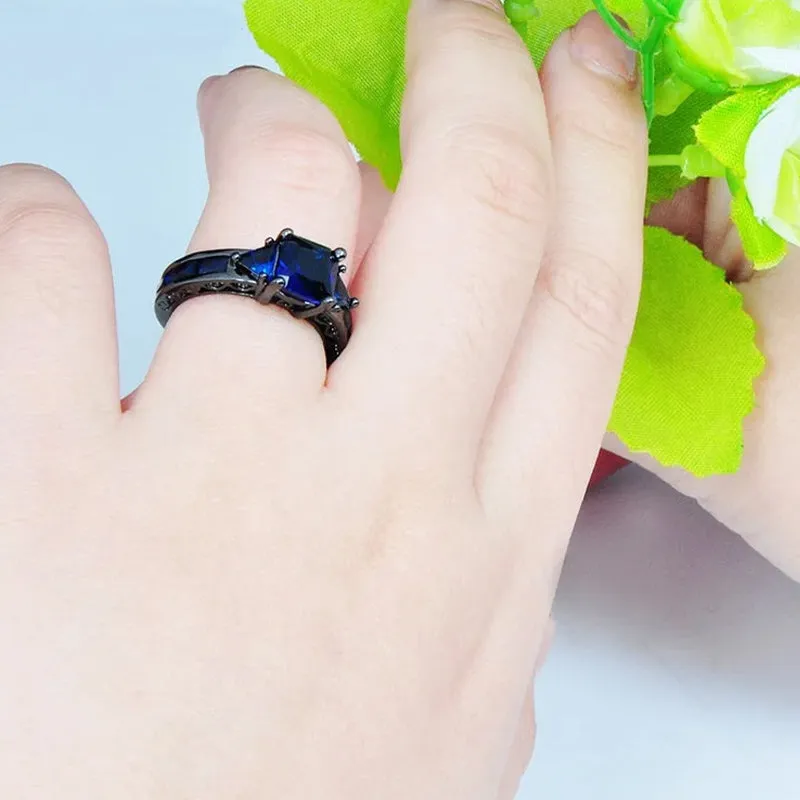 Jewelry Blue Sapphire White Diamond Black Gold Engagement Wedding Women's Ring