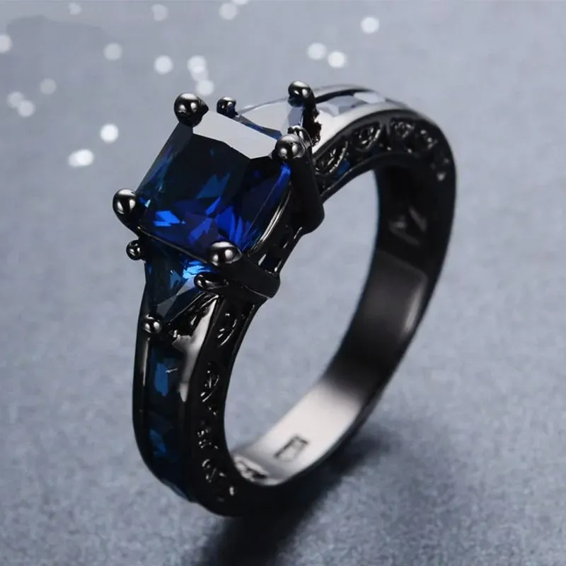 Jewelry Blue Sapphire White Diamond Black Gold Engagement Wedding Women's Ring