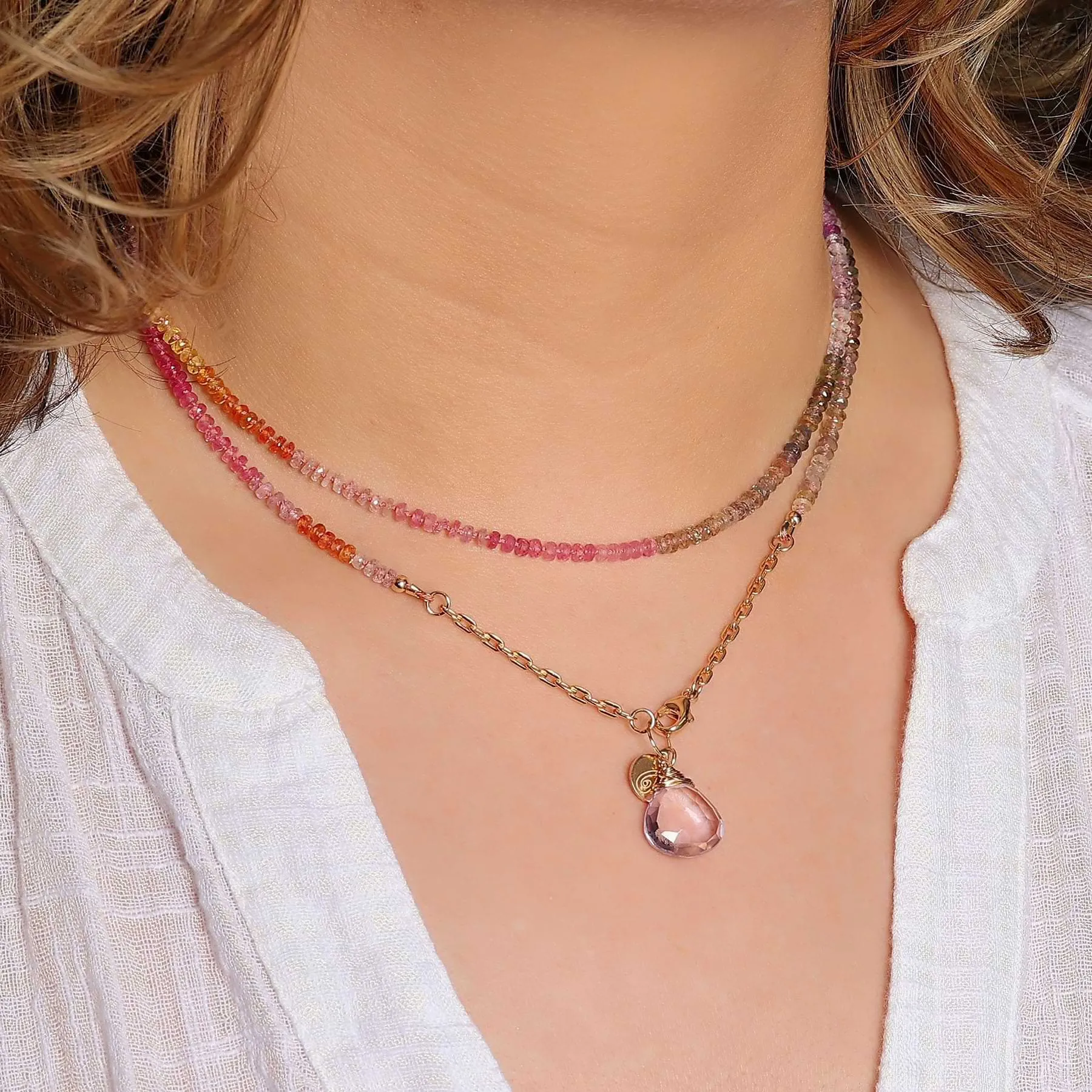 Kauai at Sunset - Multi Sapphire Double Strand Gold Necklace