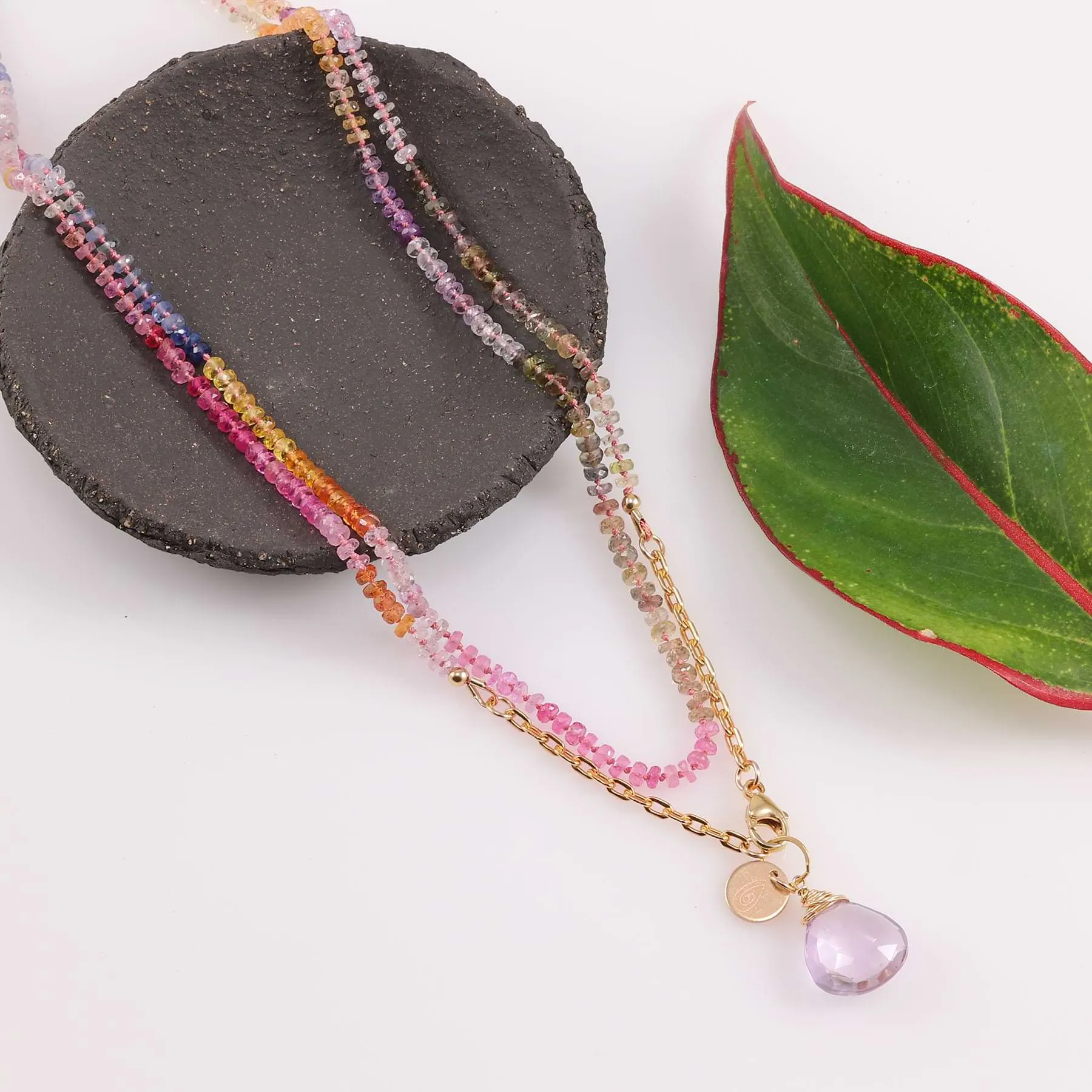 Kauai at Sunset - Multi Sapphire Double Strand Gold Necklace