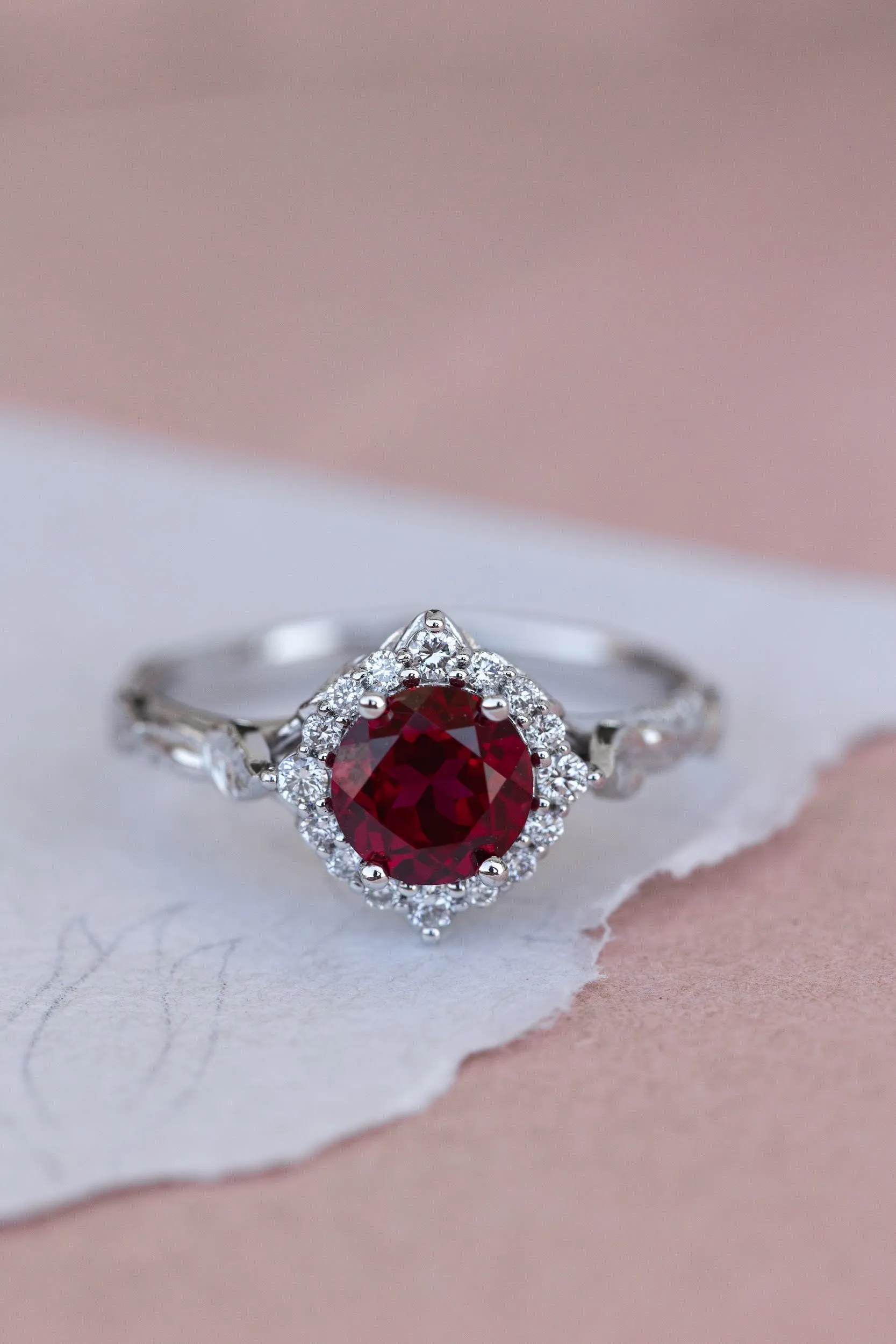 Lab ruby and diamond halo bridal ring set, nature inspired white gold stacking rings / Florentina