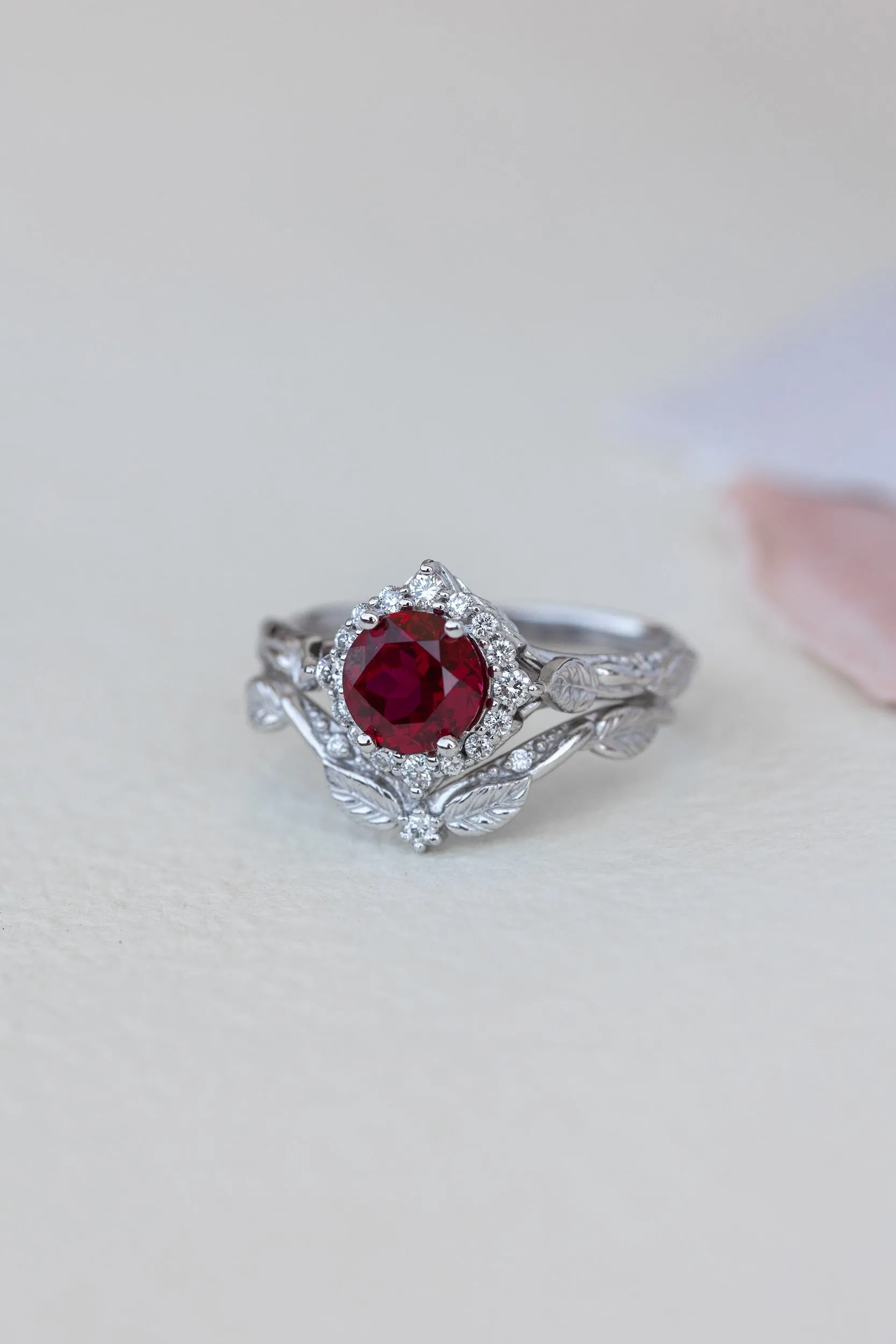 Lab ruby and diamond halo bridal ring set, nature inspired white gold stacking rings / Florentina