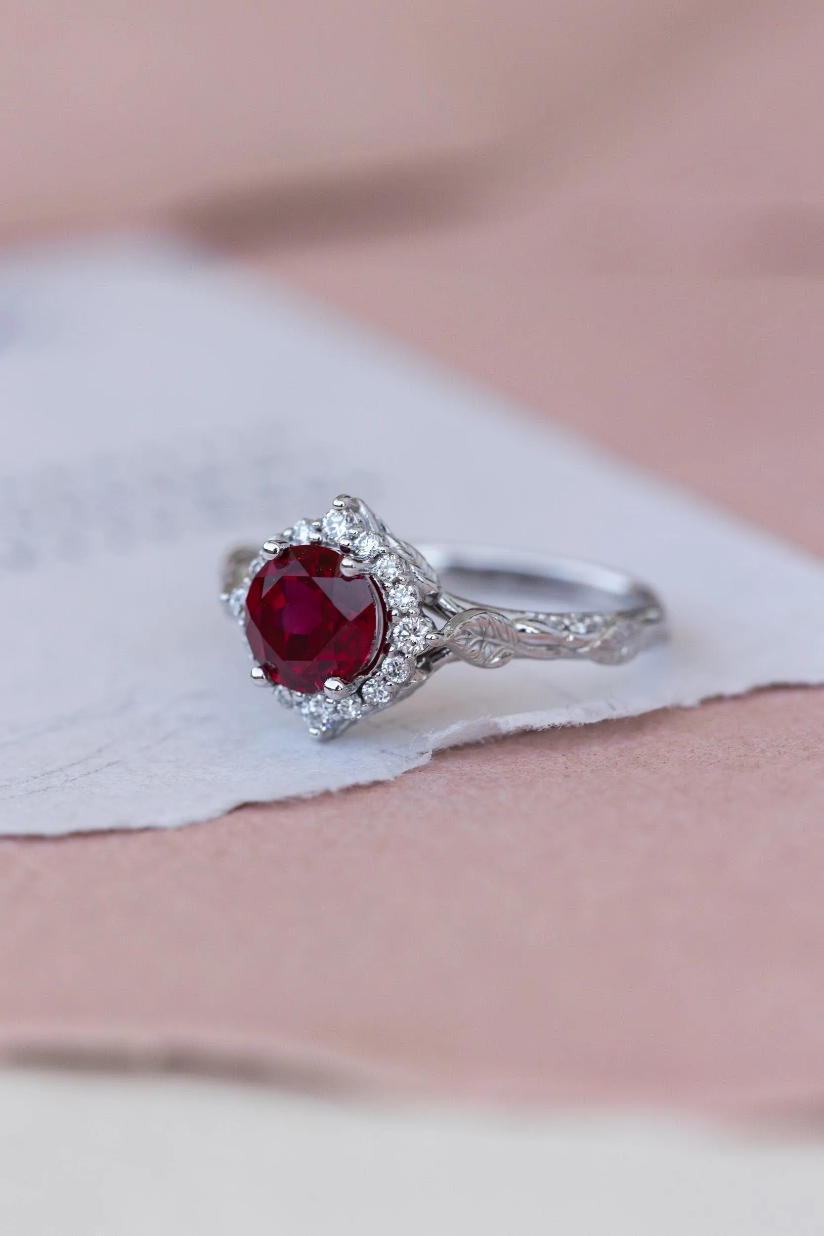 Lab ruby and diamond halo bridal ring set, nature inspired white gold stacking rings / Florentina