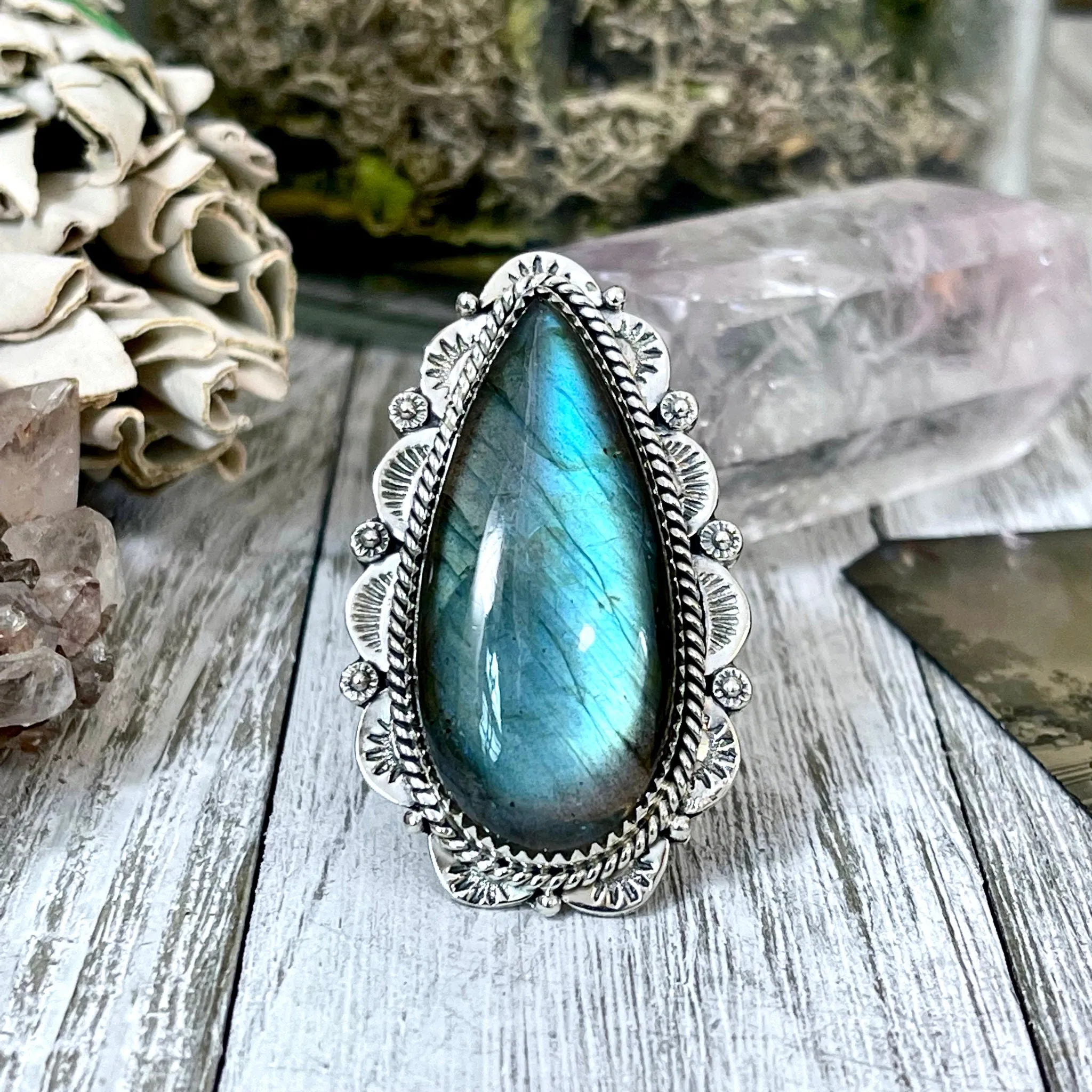 Labradorite Teardrop Crystal Statement Ring in Sterling Silver- Adjustable- Designed by FOXLARK Collection Adjusts to Size 6,7,8,9, or 10