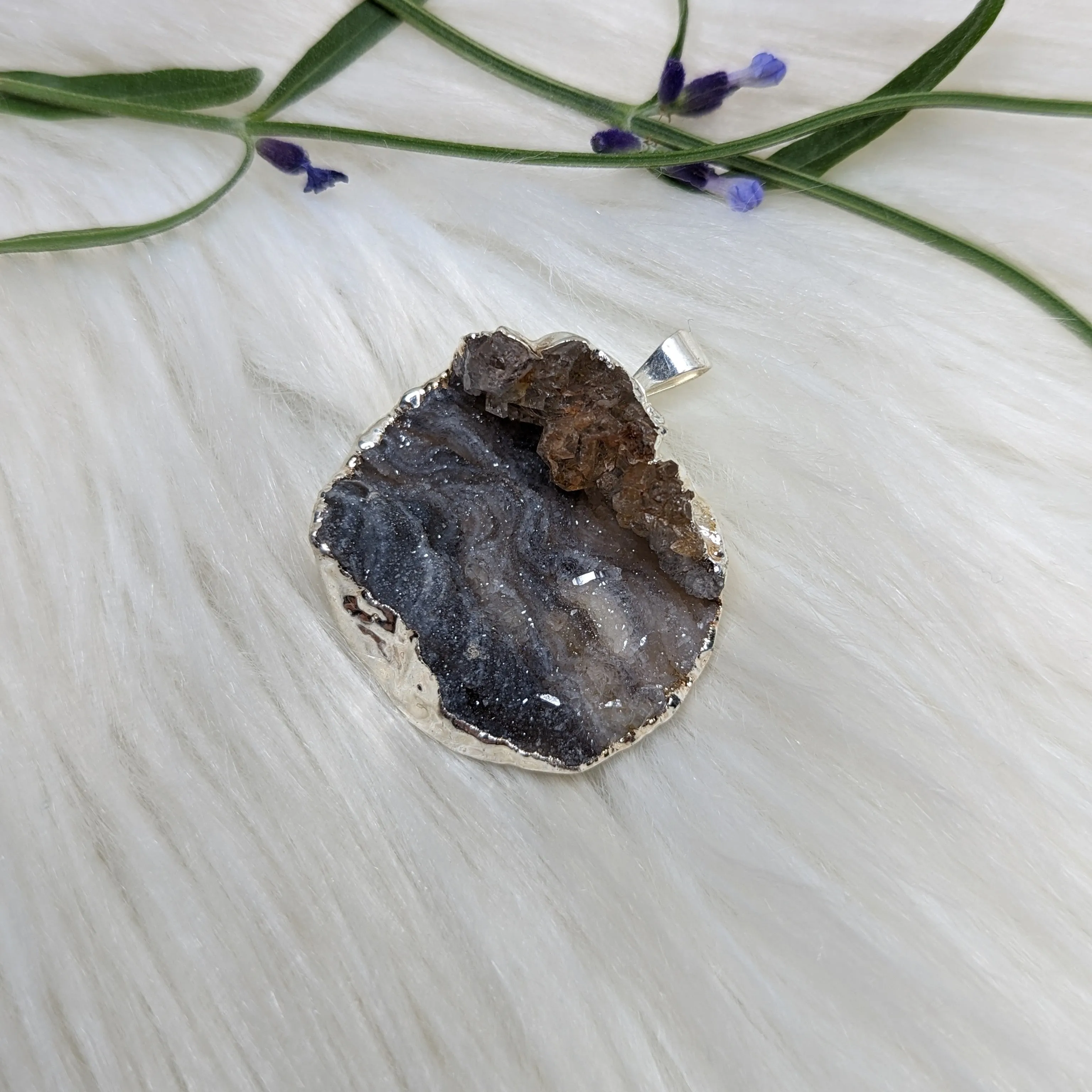 Large Blue Agate Druzy - Sterling Silver Pendant (Includes Silver Chain)