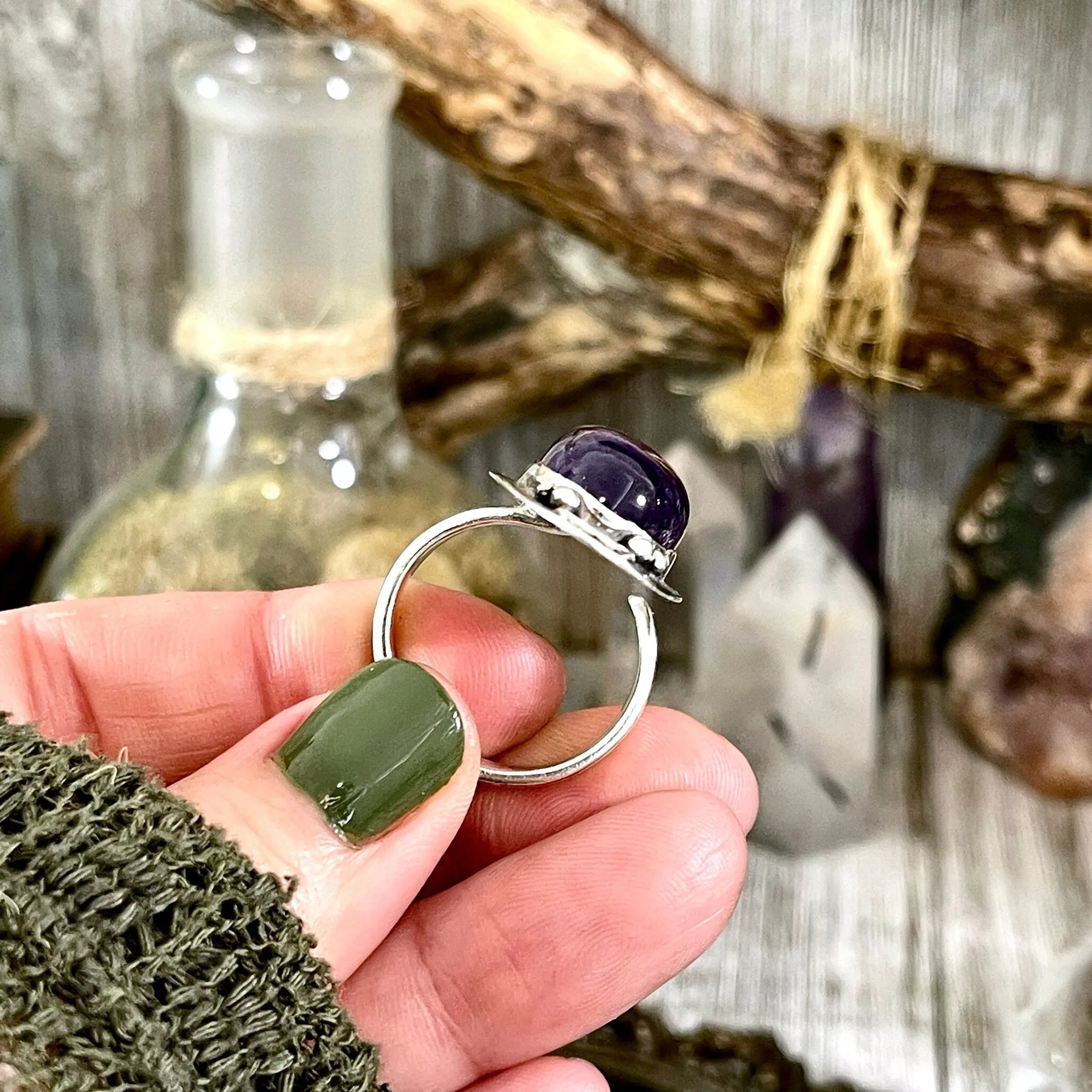 Magic Moons Amethyst Ring in Solid Sterling Silver- Designed by FOXLARK Collection Adjustable to Size 6 7 8 9 10 / Crystal Witchy Jewelry