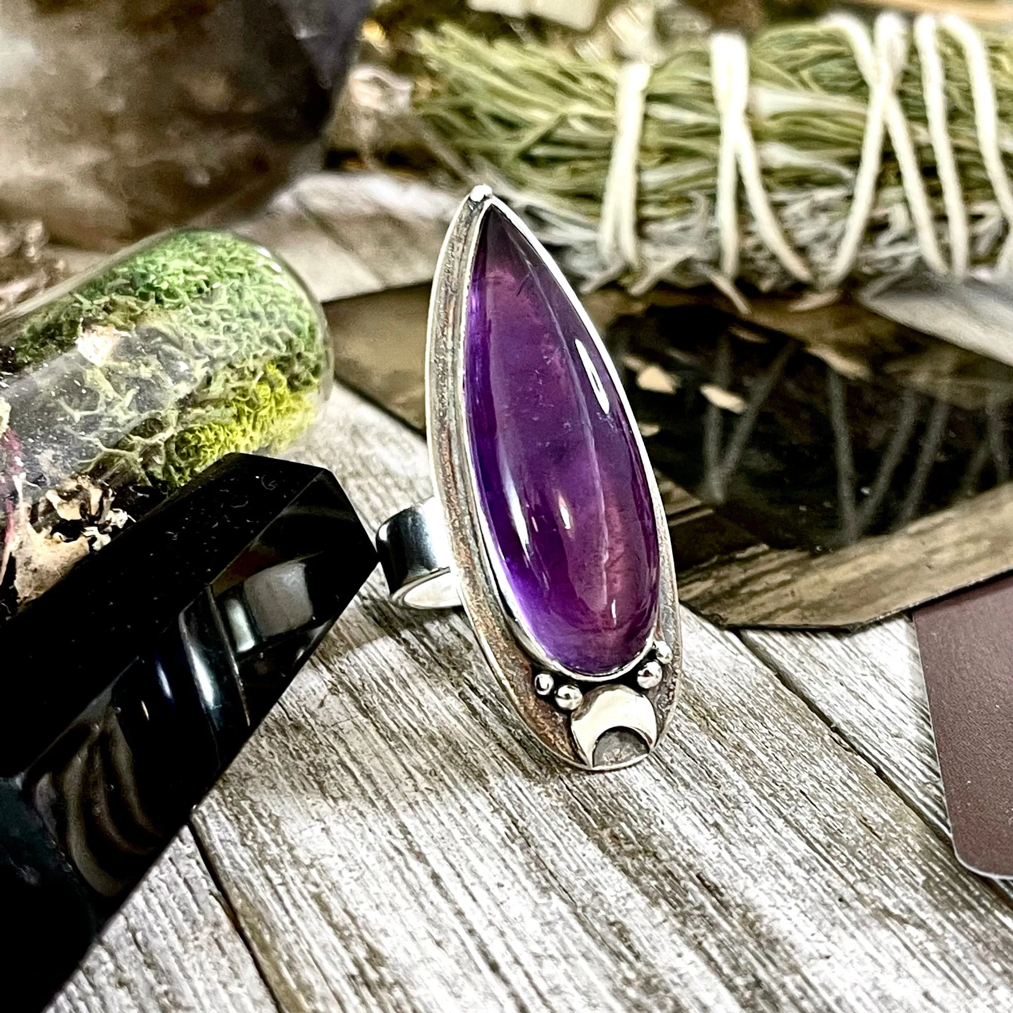 Magic Moons Amethyst Ring in Solid Sterling Silver- Designed by FOXLARK Collection Adjustable to Size 6 7 8 9 10 / Crystal Witchy Jewelry