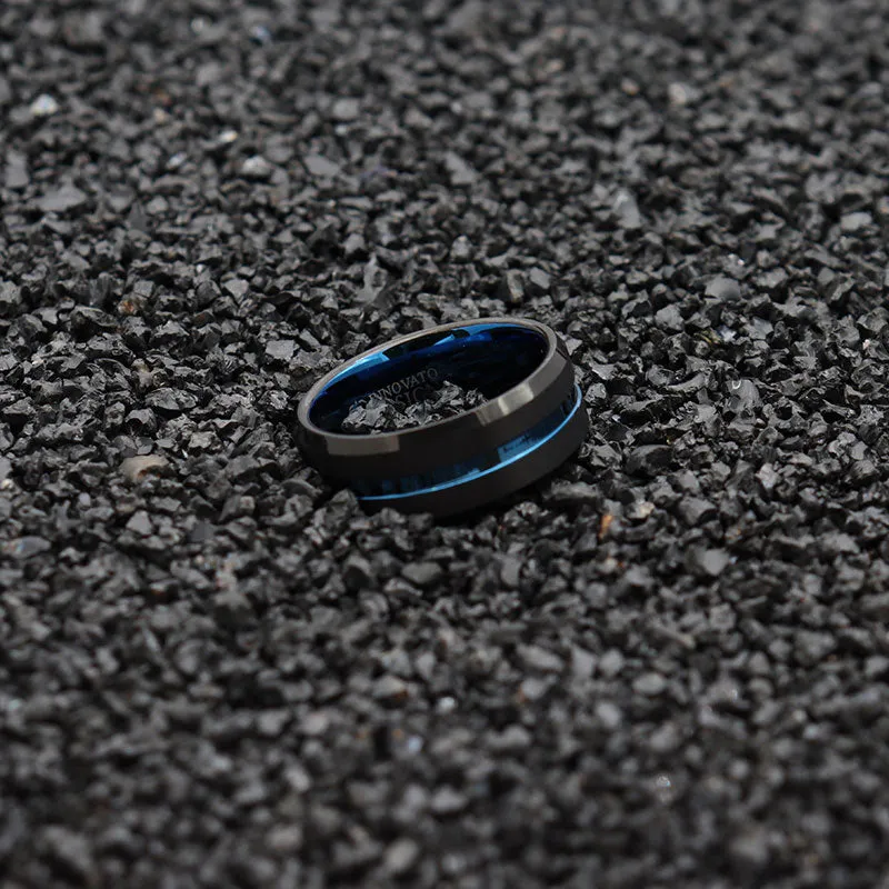 Men 10mm Black Matte Finish Tungsten Carbide Ring Blue Beveled Edge Wedding Band