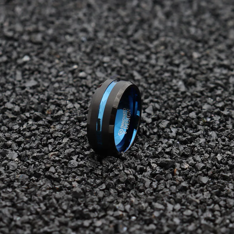 Men 10mm Black Matte Finish Tungsten Carbide Ring Blue Beveled Edge Wedding Band