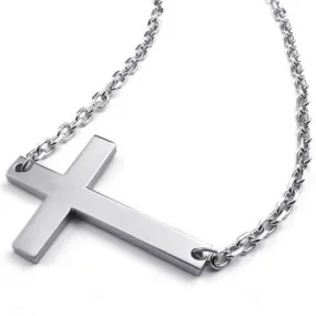 Men Women Stainless Steel Sideways Cross Pendant Necklace Chain Silver