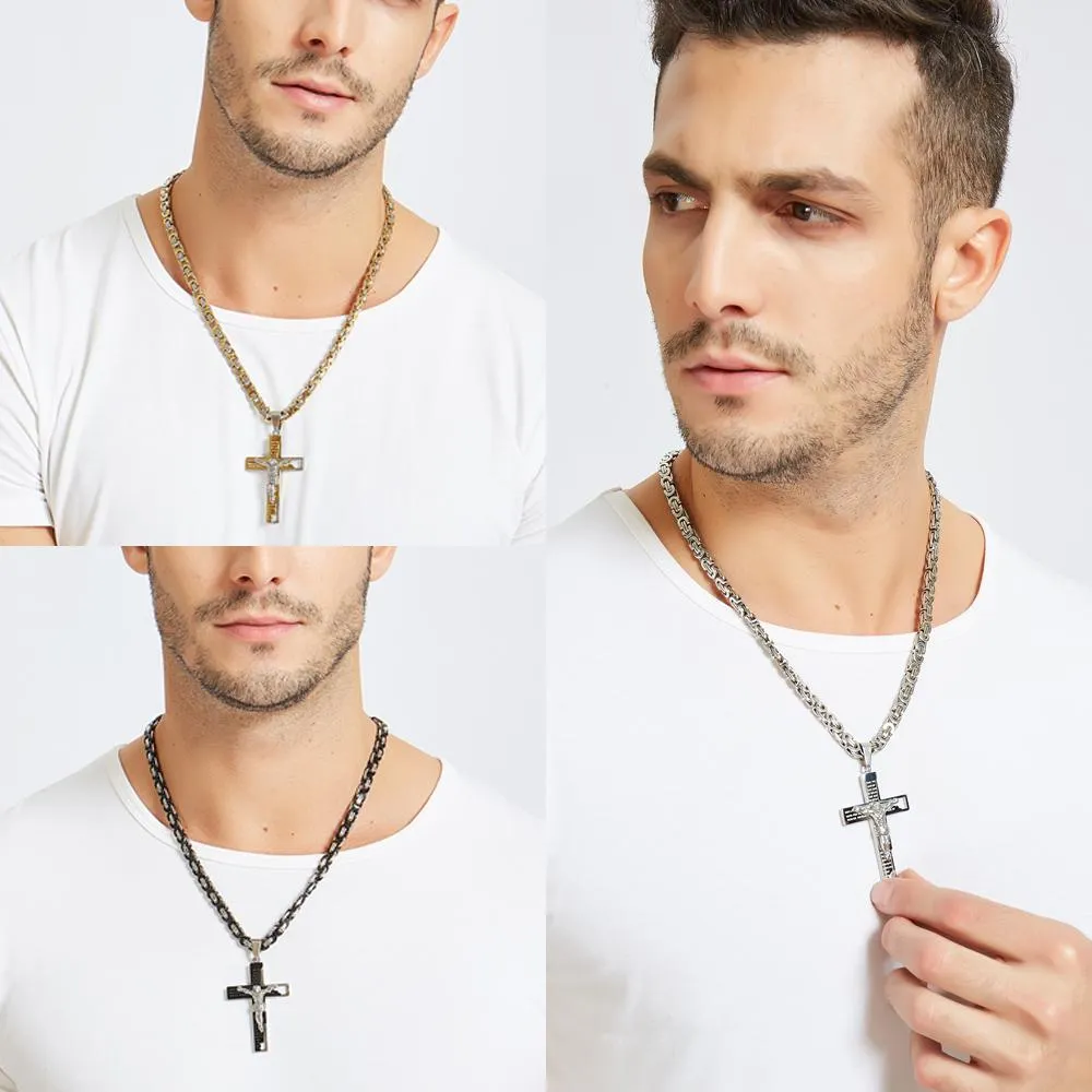 Men’s Stainless Steel Two-Tone Jesus Cross Pendant on Byzantine Chain Necklace