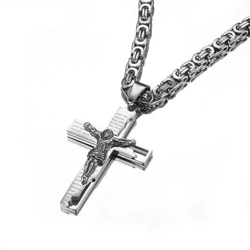 Men’s Stainless Steel Two-Tone Jesus Cross Pendant on Byzantine Chain Necklace