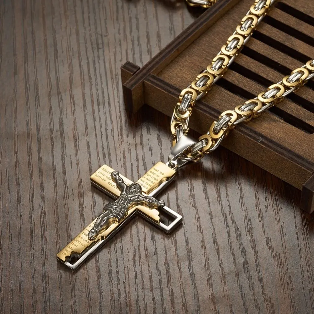 Men’s Stainless Steel Two-Tone Jesus Cross Pendant on Byzantine Chain Necklace