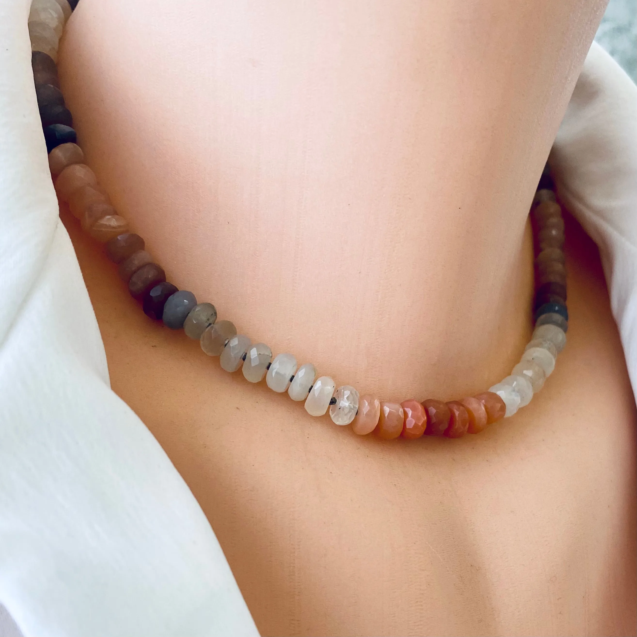 Mix Moonstone, Labradorite, Sunstone Candy Necklace, Silver Marine Clasp, 16 inches