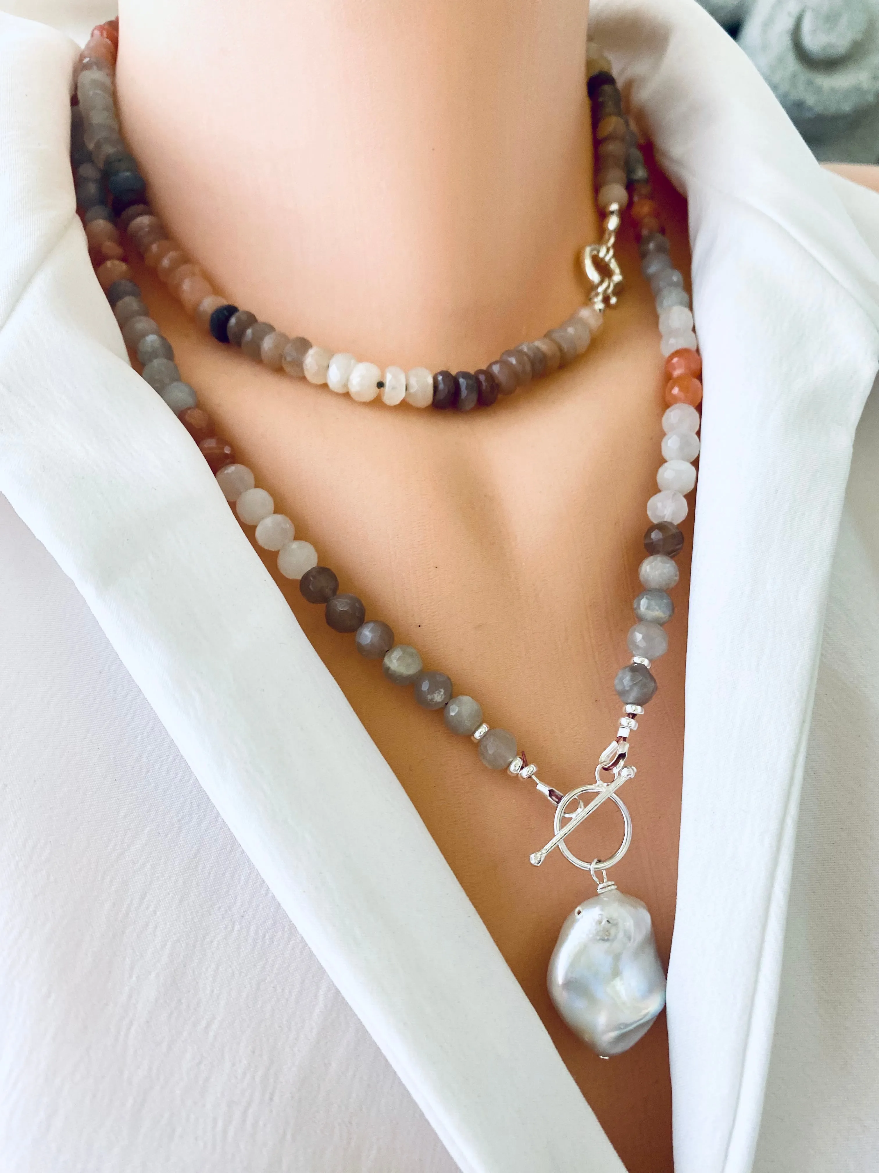 Mix Moonstone, Labradorite, Sunstone Candy Necklace, Silver Marine Clasp, 16 inches