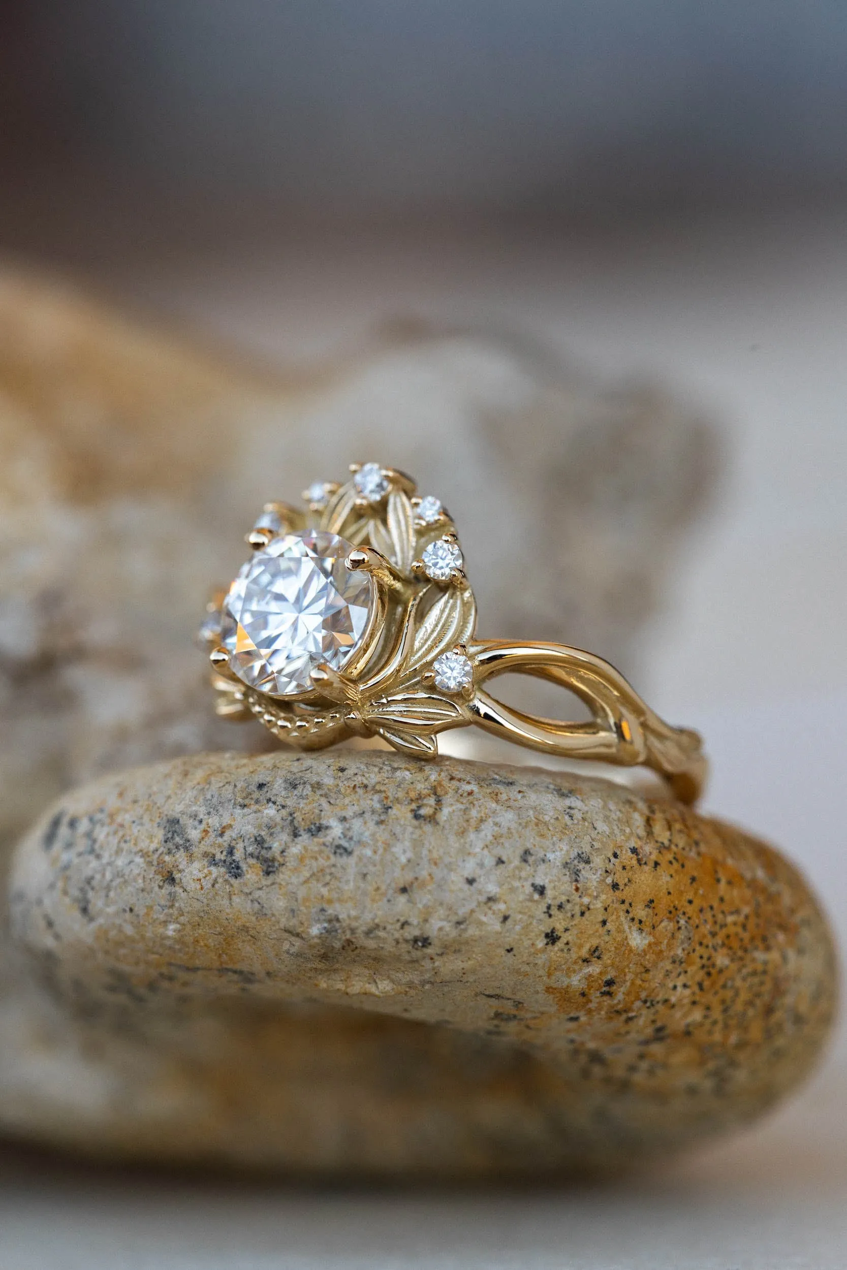 Moissanite nature inspired engagement ring, vintage style proposal ring / Nika