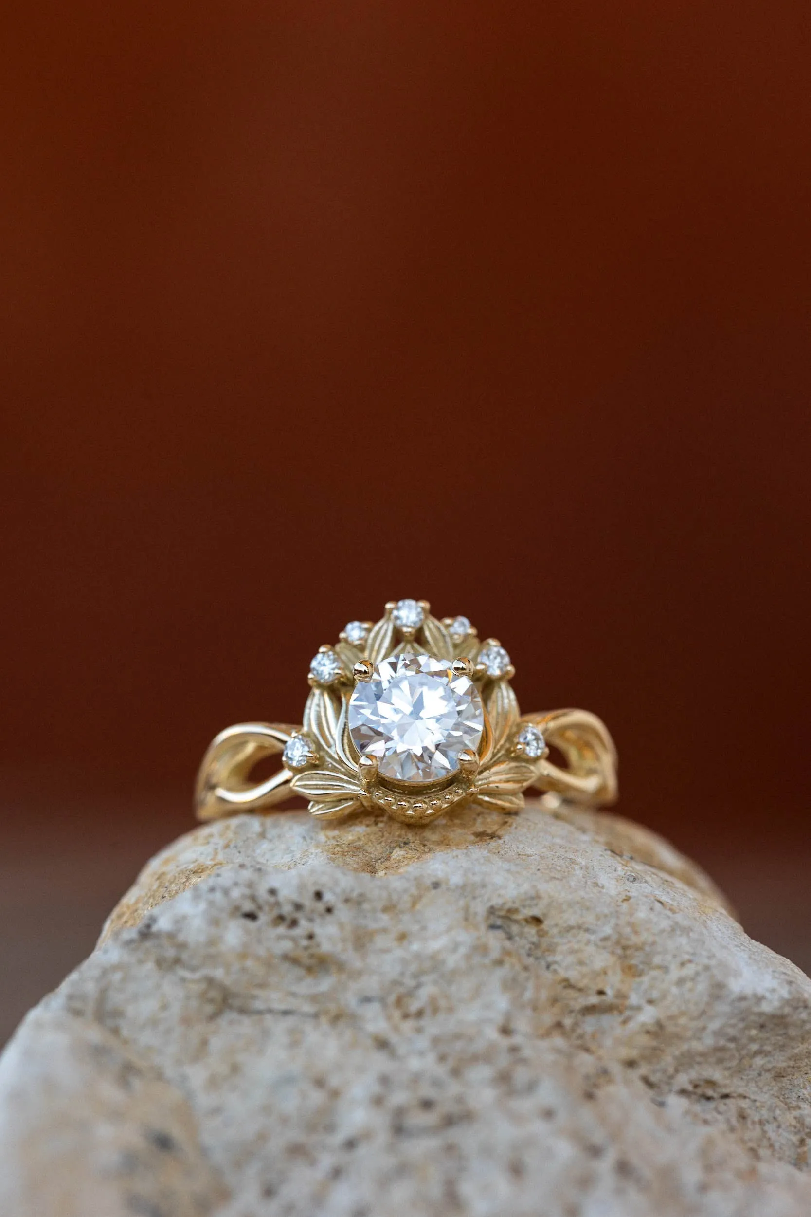 Moissanite nature inspired engagement ring, vintage style proposal ring / Nika