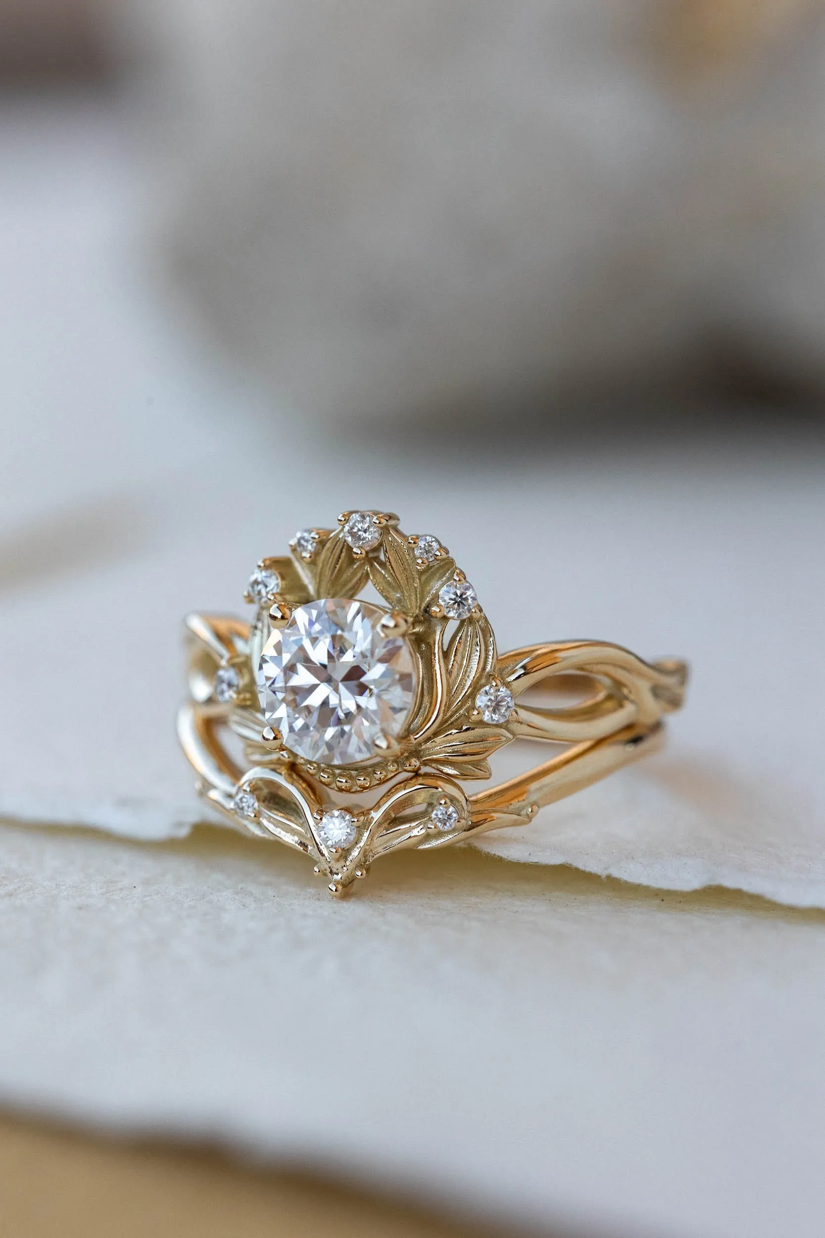 Moissanite nature inspired engagement ring, vintage style proposal ring / Nika