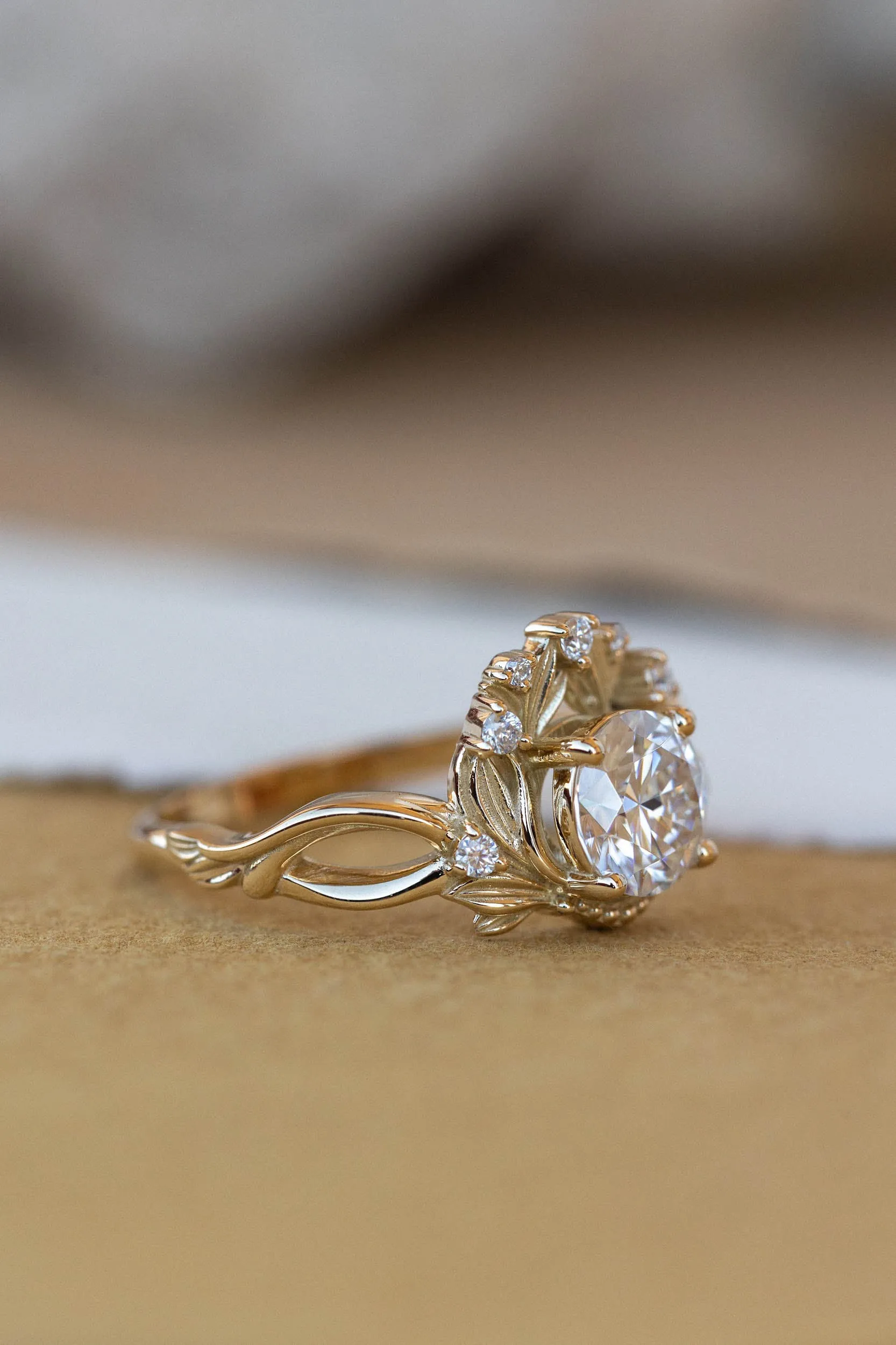 Moissanite nature inspired engagement ring, vintage style proposal ring / Nika