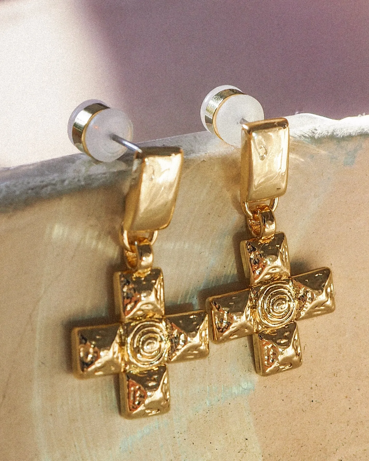 Molten Cross Pendant Earrings- Silver