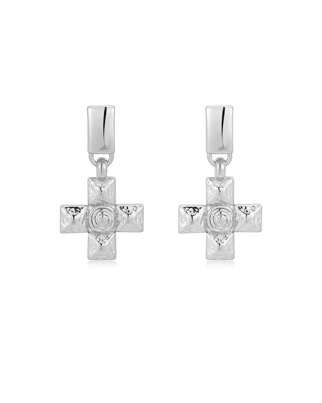 Molten Cross Pendant Earrings- Silver